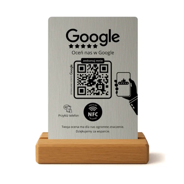 Prezenter do opinii Google – Szczotkowany Srebrny, NFC + QR