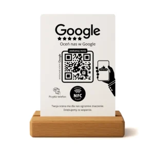 Prezenter do opinii Google Biały – NFC + QR, Dębowa Podstawka