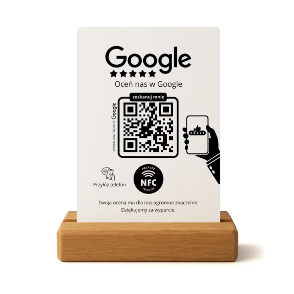 Prezenter do opinii Google Biały – NFC + QR, Dębowa Podstawka