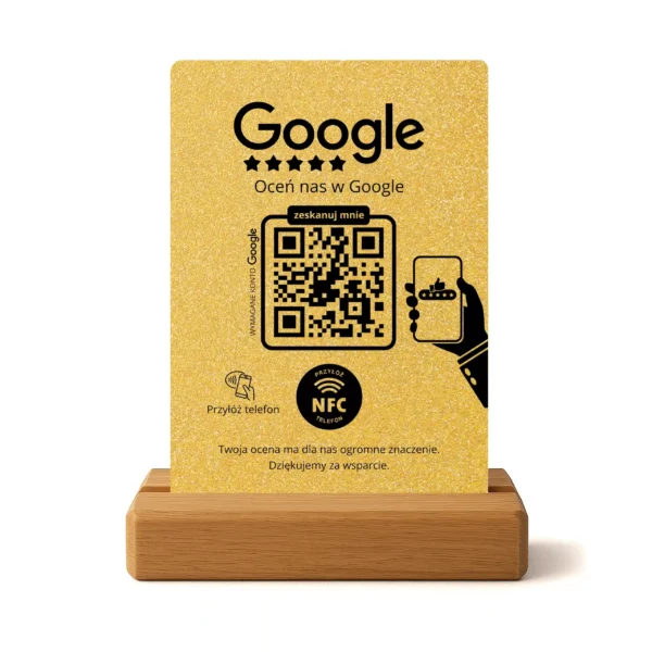 Prezenter do opinii Google – Złoty brokat | NFC + Kod QR