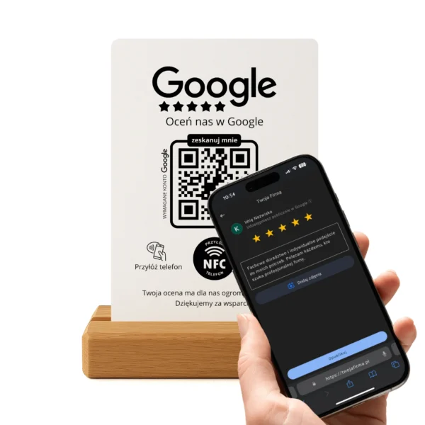 Prezenter do opinii Google Biały – NFC + QR, Dębowa Podstawka - obrazek 3