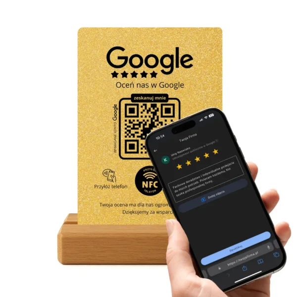 Prezenter do opinii Google – Złoty brokat | NFC + Kod QR - obrazek 7