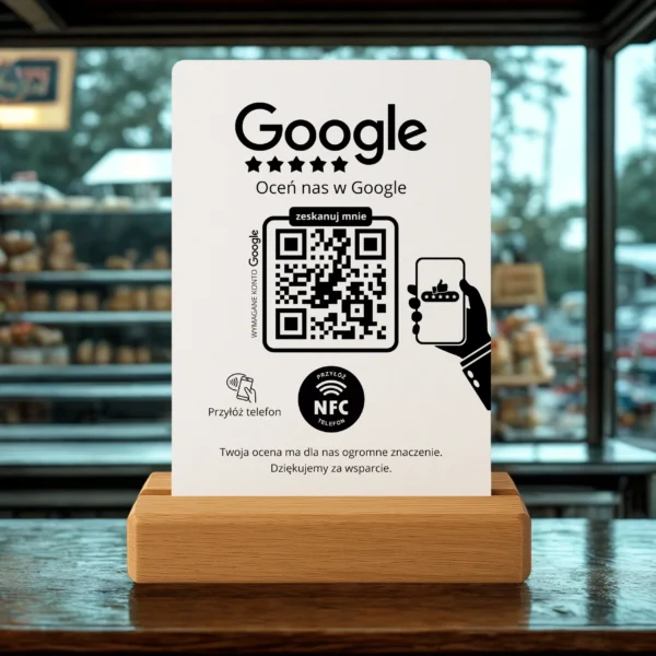 Prezenter do opinii Google Biały – NFC + QR, Dębowa Podstawka - obrazek 5