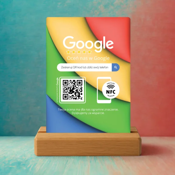 Stojak Google NFC QR w kolorowej wersji na tle artystycznym