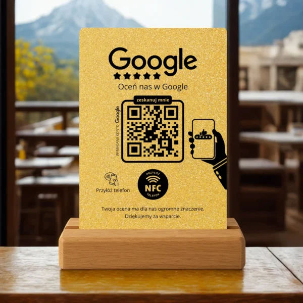 Prezenter do opinii Google – Złoty brokat | NFC + Kod QR - obrazek 4