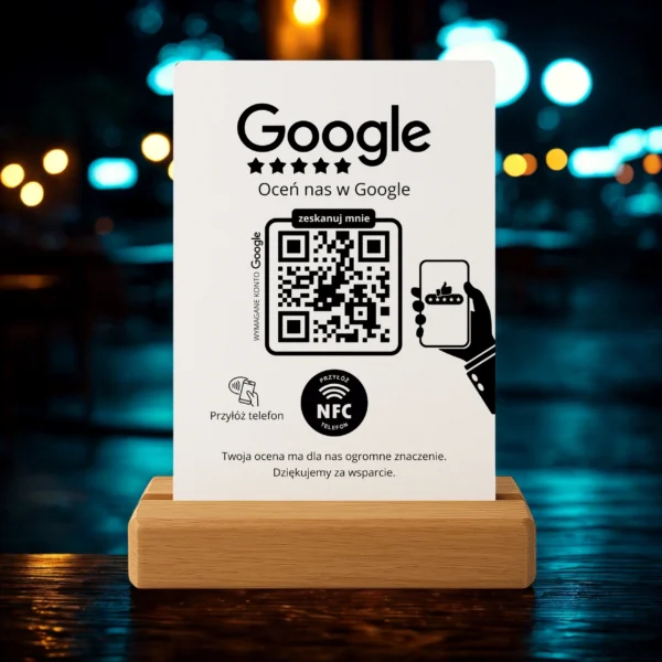 Prezenter do opinii Google Biały – NFC + QR, Dębowa Podstawka - obrazek 7