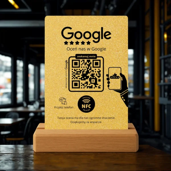 Prezenter do opinii Google – Złoty brokat | NFC + Kod QR - obrazek 3