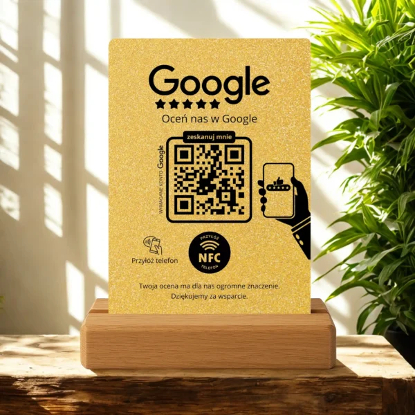 Prezenter do opinii Google – Złoty brokat | NFC + Kod QR - obrazek 2