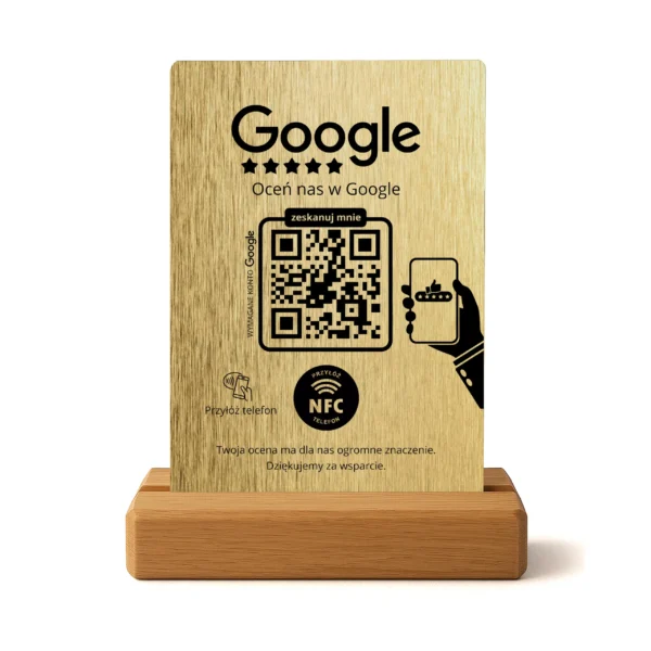 Złoty prezenter Google NFC QR z kodem i ikoną NFC – widok z przodu