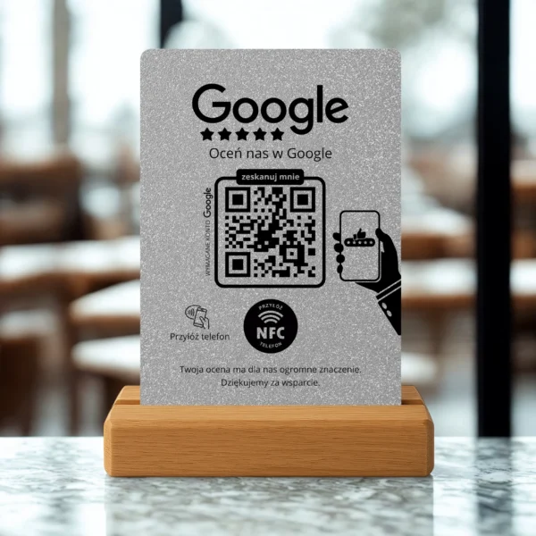 Prezenter do opinii Google – Srebrny Brokat | NFC + Kod QR - obrazek 7