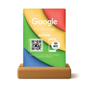 Kolorowy prezenter do opinii Google z NFC i kodem QR na dębowej podstawce