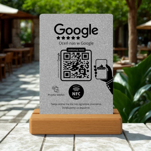 Prezenter do opinii Google – Srebrny Brokat | NFC + Kod QR - obrazek 4