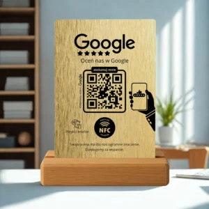 Prezenter NFC QR Google w wersji złotej na tle wnętrza z oknem