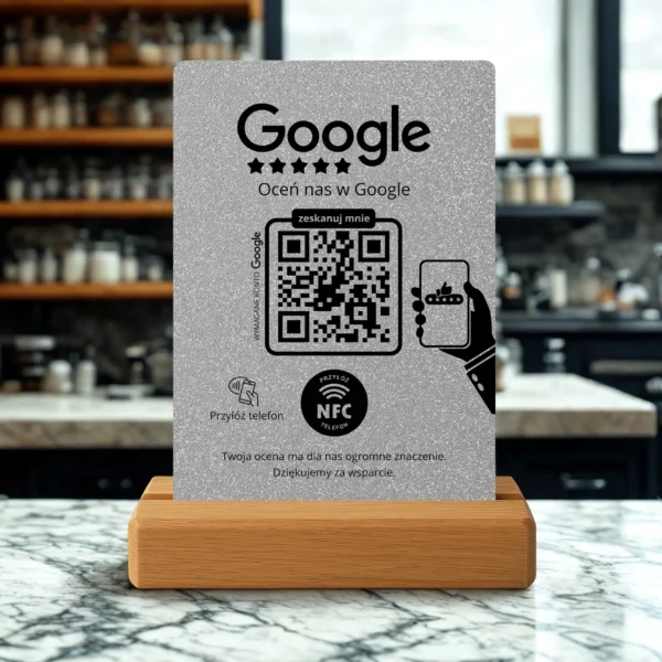 Prezenter do opinii Google – Srebrny Brokat | NFC + Kod QR - obrazek 5