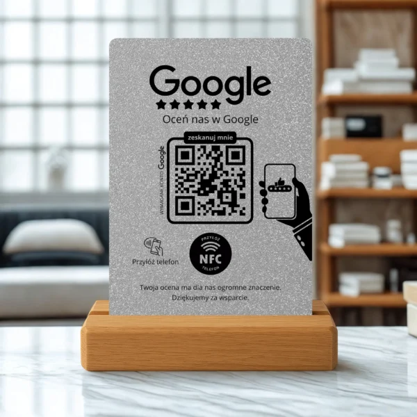 Prezenter do opinii Google – Srebrny Brokat | NFC + Kod QR - obrazek 6