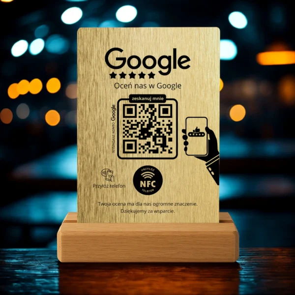 Złoty stojak do opinii Google z NFC i QR – elegancki design