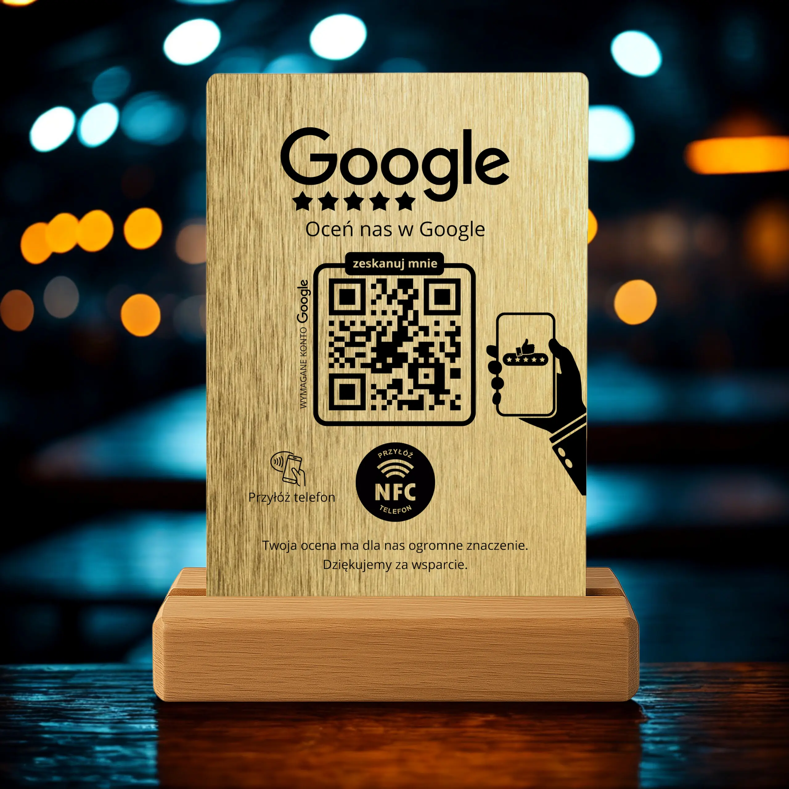 Złoty stojak do opinii Google z NFC i QR – elegancki design