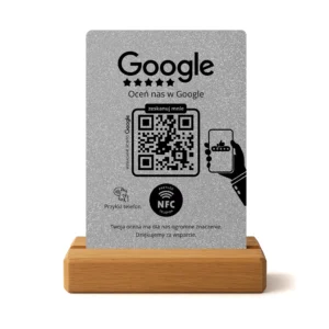 Prezenter do opinii Google – Srebrny Brokat | NFC + Kod QR