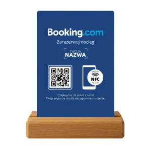 Personalizowany prezenter Booking.com z NFC i kodem QR na dębowej podstawce