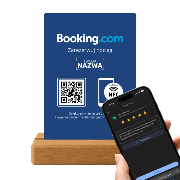 Klient korzystający z NFC i kodu QR w prezenterze Booking.com