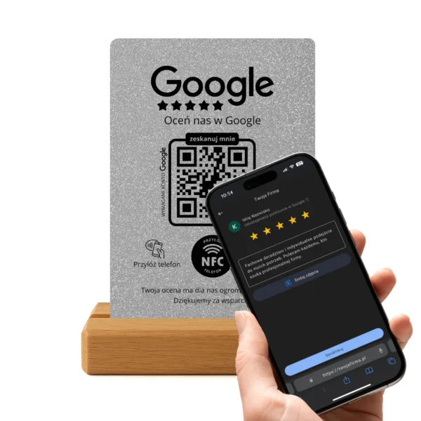 Prezenter do opinii Google – Srebrny Brokat | NFC + Kod QR - obrazek 3