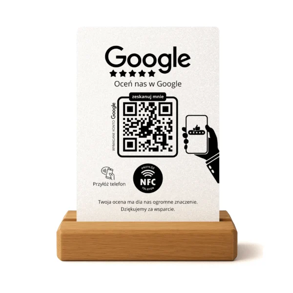 Stojak do opinii Google z NFC i kodem QR – Biały Brokat na dębowej podstawce