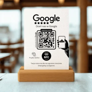 Stojak do opinii Google NFC QR – aranżacja w biurze lub kawiarni