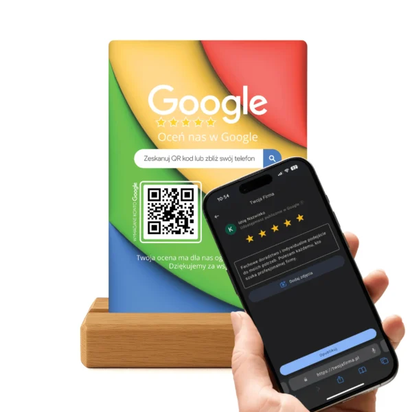 Klient zbliżający telefon do stojaka Google – NFC i kod QR