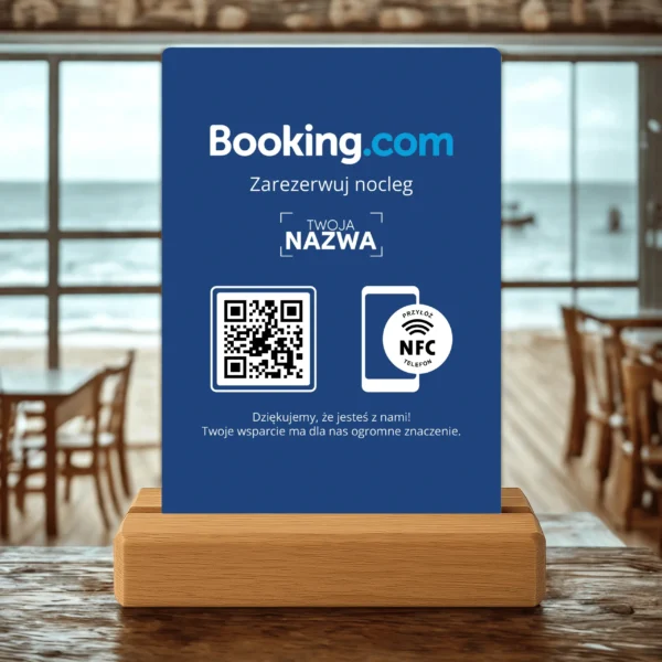 Stojak Booking.com na ladzie baru lub kawiarni