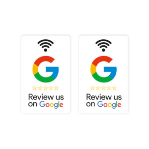 Dwie karty NFC z logiem Google i ikoną bezprzewodową – „Review us on Google”
