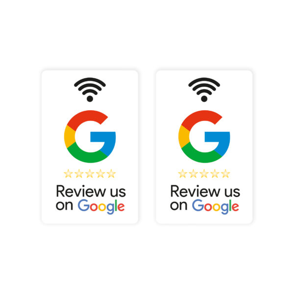 Dwie karty NFC z logiem Google i ikoną bezprzewodową – „Review us on Google”