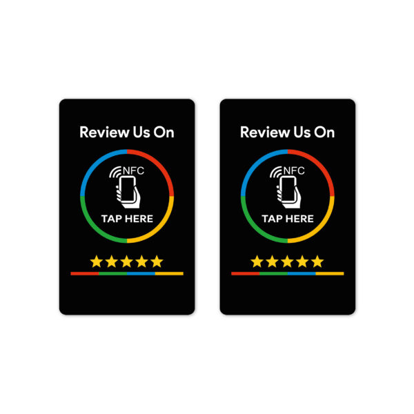 Dwie czarne karty NFC Review us on Google – do zbierania opinii Google