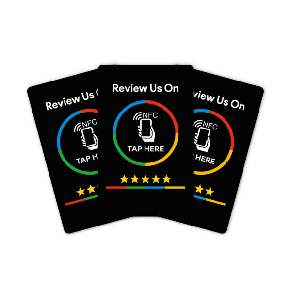 Trzy czarne karty NFC Review us on Google – do programowania własnym linkiem