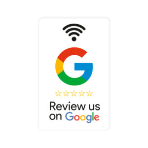 Biała karta NFC z logiem Google i napisem „Review us on Google”