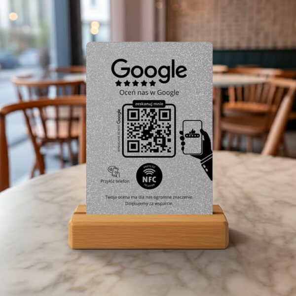 Stojak NFC/QR do opinii – Srebrny Brokat, z podstawką - obrazek 4