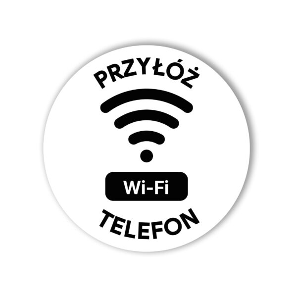 Biały okrągły tag NFC Wi-Fi z napisem „Przyłóż telefon”