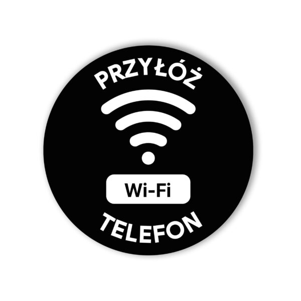 Czarny tag NFC Wi-Fi „Przyłóż telefon” – okrągły, samoprzylepny