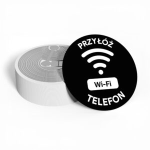 Czarny tag NFC Wi-Fi z nadrukiem „Przyłóż telefon”