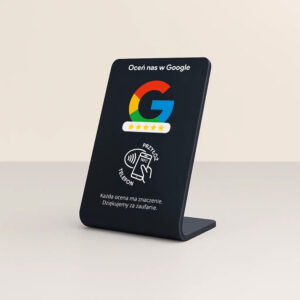 Prezenter NFC do opinii Google – ustawiony na ladzie, jasne tło