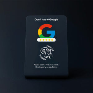 Prezenter NFC do opinii Google – eleganckie ujęcie na czarnym tle