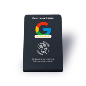 Prezenter NFC do opinii Google – widok z przodu, stojak na ladę