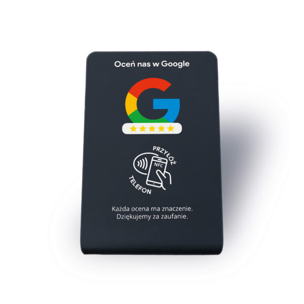 Prezenter NFC do opinii Google – widok z przodu, stojak na ladę