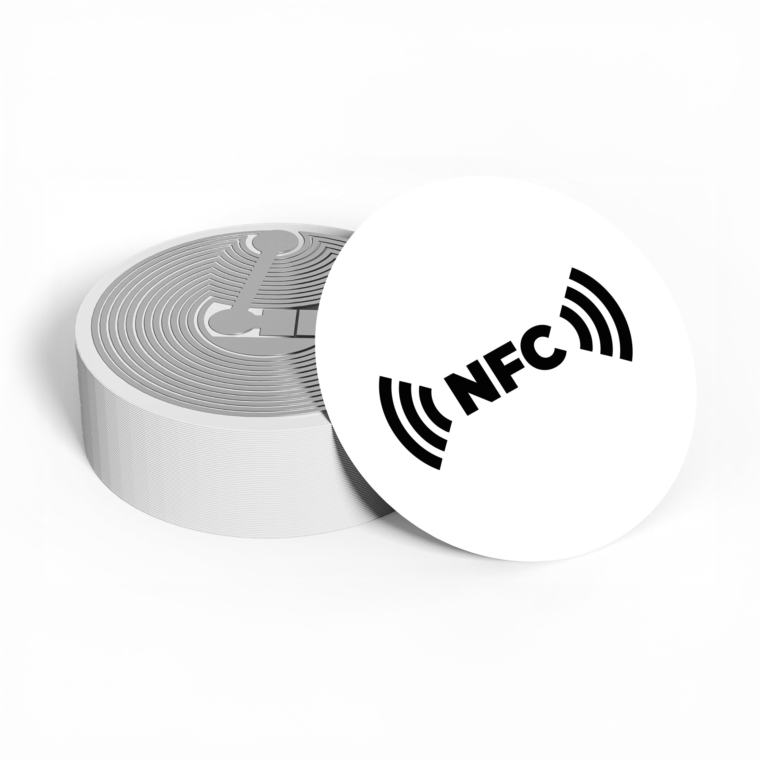 Tagi NFC samoprzylepne – białe i czarne, gładkie, wodoodporne, bez ferrytu „NFC”