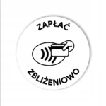 Biała okrągła naklejka NFC z napisem Zapłać zbliżeniowo