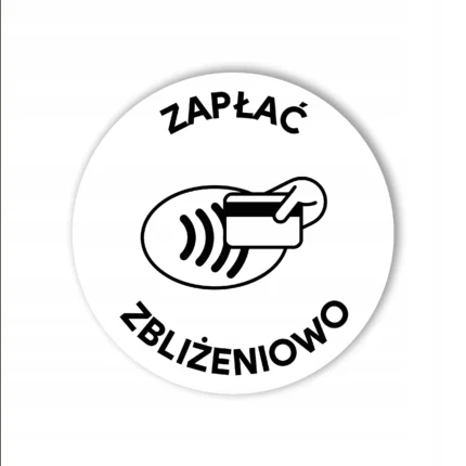 Biała okrągła naklejka NFC z napisem Zapłać zbliżeniowo