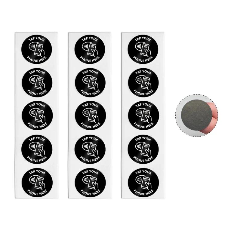 Czarne naklejki NFC Tap Your Phone Here antymetal NTAG215 25 mm w zestawie
