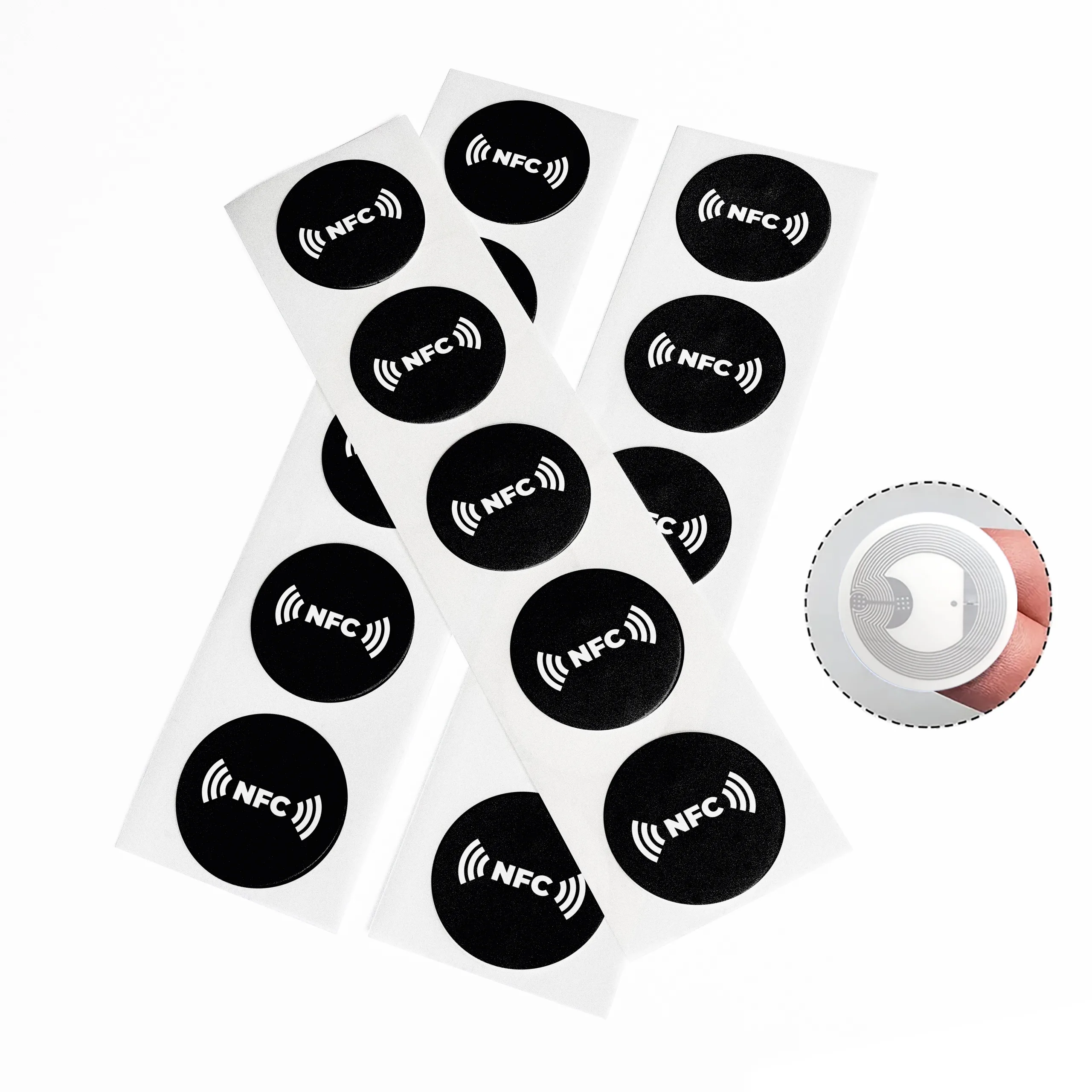 Czarne naklejki Tag NFC NTAG215 – zestaw Czarne naklejki NFC NTAG215 z logo NFC na paskach
