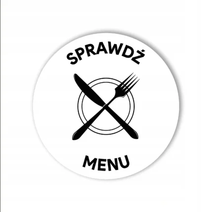 Biała okrągła naklejka NFC z napisem Sprawdź Menu