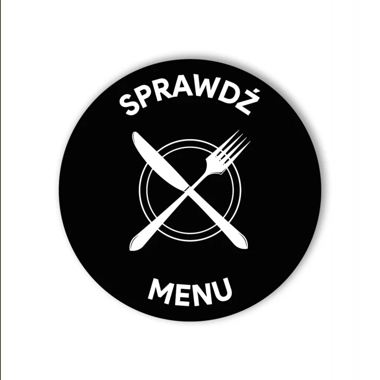 Czarna okrągła naklejka NFC z napisem Sprawdź Menu