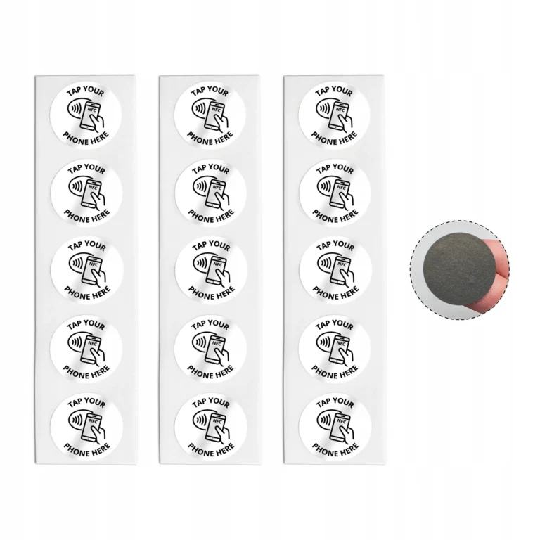Białe naklejki NFC Tap Your Phone Here antymetal na paskach